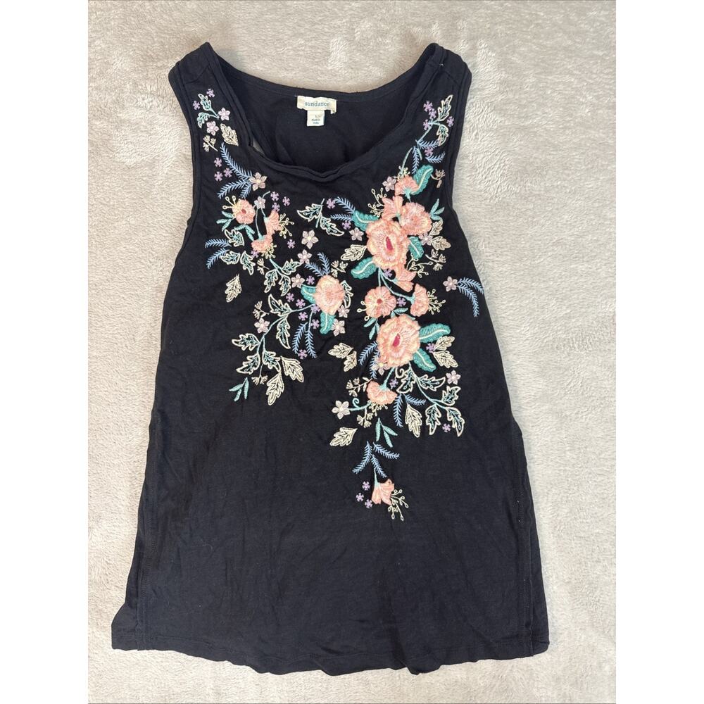 Sundance Flowers In Bloom Embroidered Tank Top M Black Floral Boho Festival Chic
